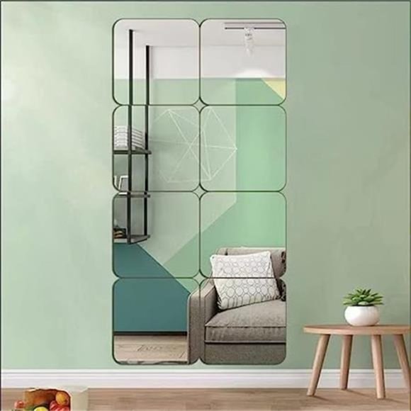 Full Length Wall Mirror Tiles 8'' x 8'' x 8 PCS Frameless Full Body Mirror Tiles - Picture 1 of 6